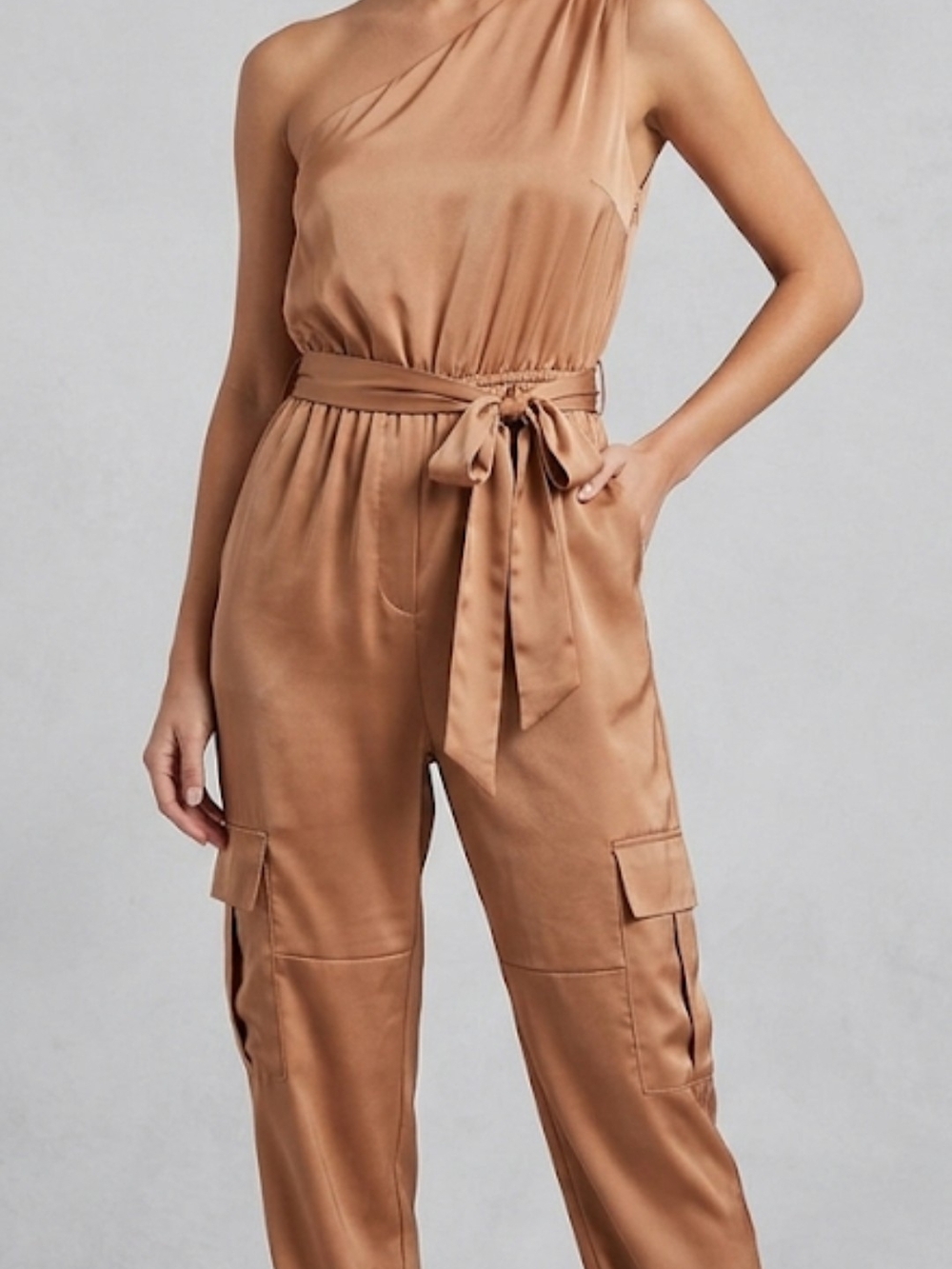 One-Shoulder Satin Utility Jumpsuit in Camel